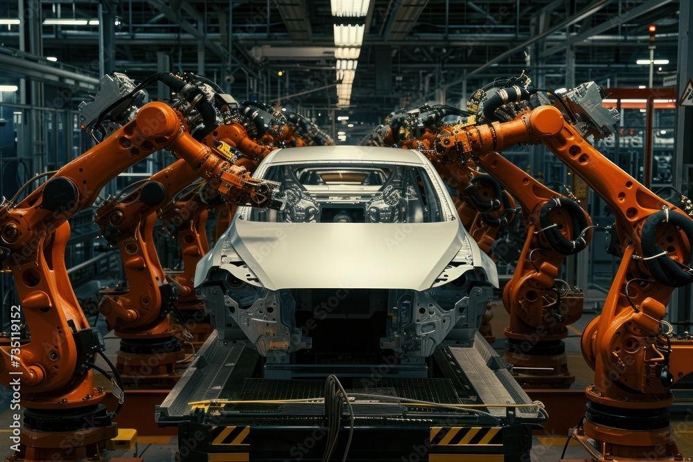 a car is being built in a factory by robots
