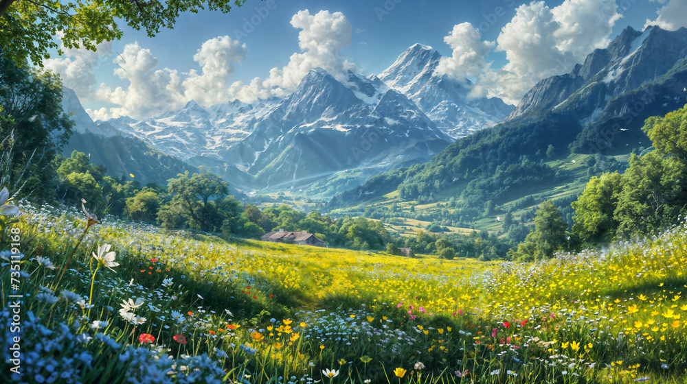 Alpine Meadow and Mountain Peaks.