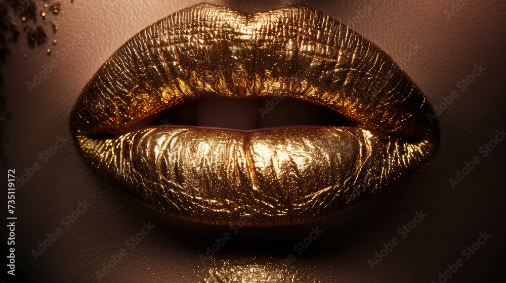 Close Up of Womans Gold Lips With Shimmering Metallic Makeup Close Up of Womans Gold Lips With Shimmering Metallic Makeup