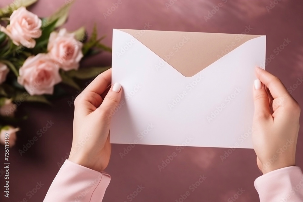 Obraz premium Romantic message for his beloved woman. Hands holding paper letter. Empty space for your text. Top view