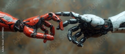 Hands of robot and human touching on big data network connection © KRIS