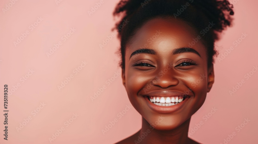 Radiant Young Woman With a Bright Smile Against a Soft Pink Background Radiant Young Woman With a Bright Smile Against a Soft Pink Background