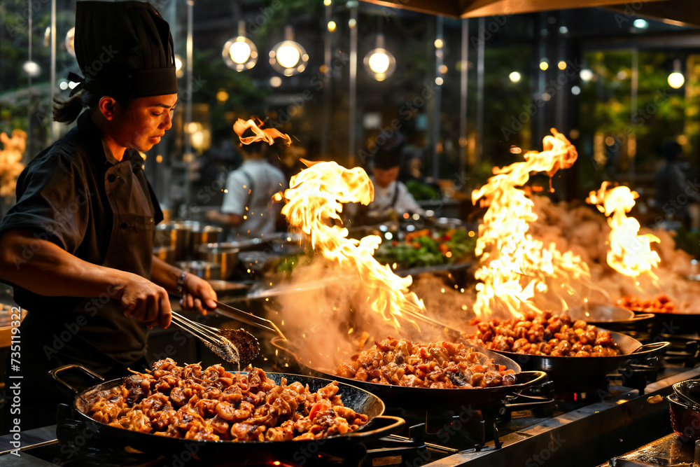 Chef Cooking with Flaming Pans. Generative AI