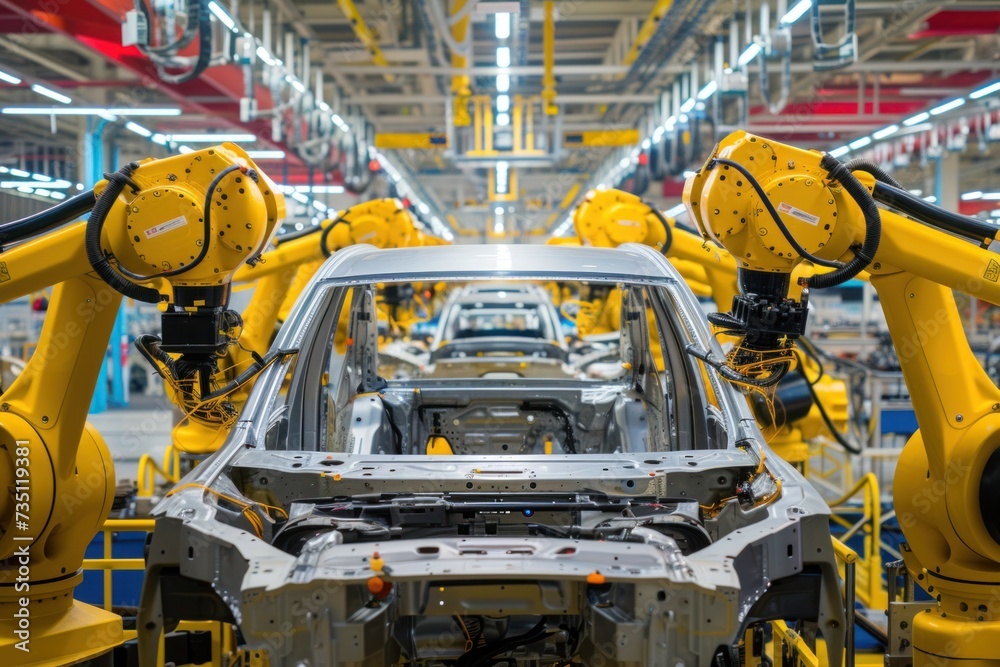 a car is being built in a factory by robots a car is being built in a factory by robots