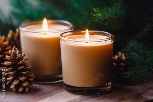 Soy candles burn in glass jars. Comfort at home. Candle in a brown jar. Scent and light. Scented handmade candle. Aroma therapy. Christmas tree and winter mood. Cozy home decor. Festive decoration.