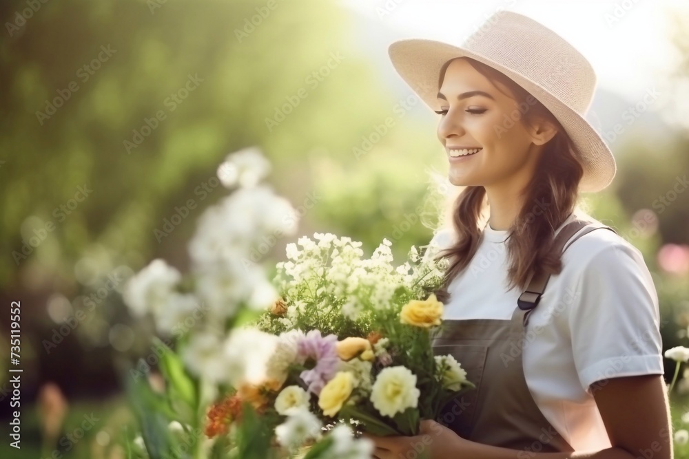 Beautiful a young woman admiring her summer garden. A gardener in an apron and hat looks at the flowers. I am proud of the result. Gardening concept