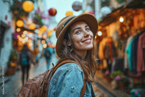 Smiling Woman in Hat at Evening Market. Generative AI © Mihai Zaharia