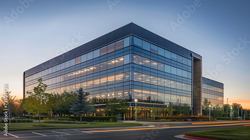 A commercial real estate image showcasing a large office building with a multitude of windows.