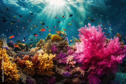 a coral reef with colorful corals and fish in the ocean © Anna