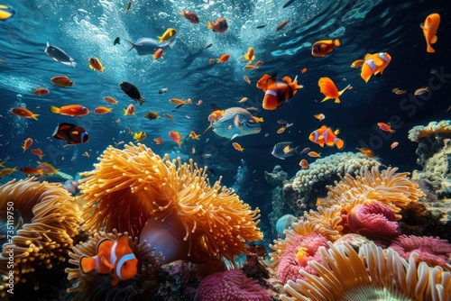 Underwater ecosystem of coral reef with clown fish, sea anemones in fluid water