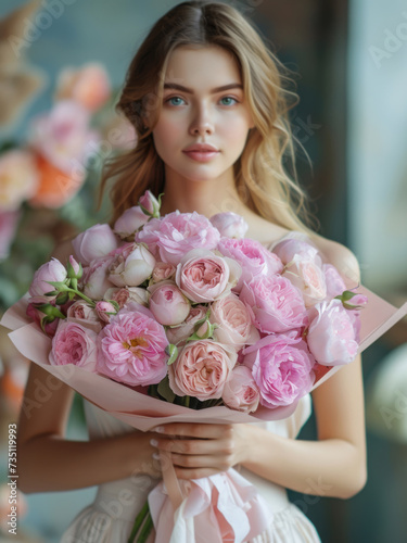 Closeup female portrait out of focus. Beautiful young white blonde woman in delicate dress holds fresh beautiful gift bouquet of pink peonies and looks at camera. Flower care concept, youth, tendernes photo