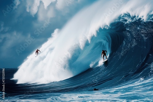 Two surfers riding a massive wave on their surfboards in the ocean © Anna