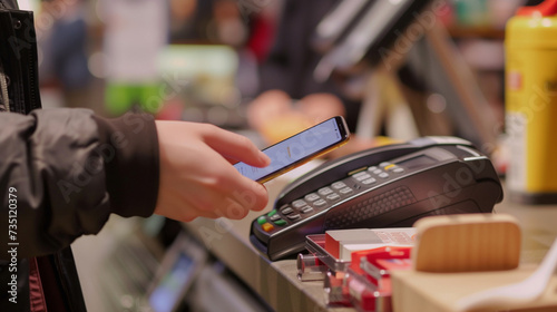 A person holding a smartphone with NFC technology uses it to make a payment at a cash register.