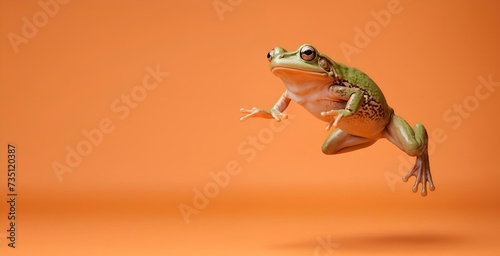 A jumping frog on a light orange background, with space to copy