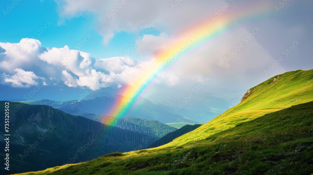 Beautiful rainbow in green mountain valley with green hills with copy space. Ecotourism concept. Generative AI