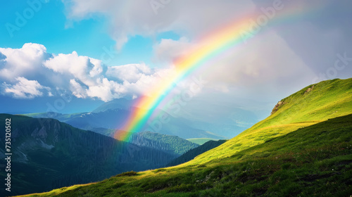 Beautiful rainbow in green mountain valley with green hills with copy space. Ecotourism concept. Generative AI