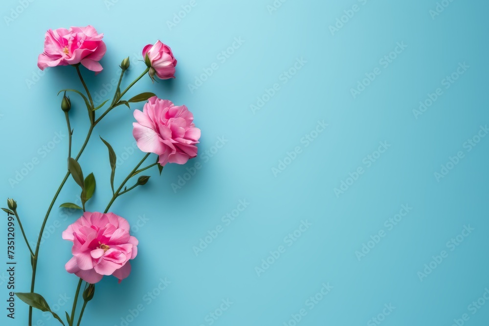 Flowers on blue background with space for text. perfect for spring themed designs, greeting cards, invitations, wallpapers, botanical illustrations, and feminine branding projects.