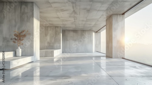 A minimalist room with sleek concrete walls and a large window overlooking a bustling cityscape, adorned with contemporary art and finished with polished marble flooring