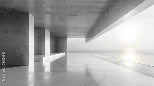 A foggy composite material envelops a white room, its columns and floor blending seamlessly into the indoor space as the ceiling radiates with ethereal light