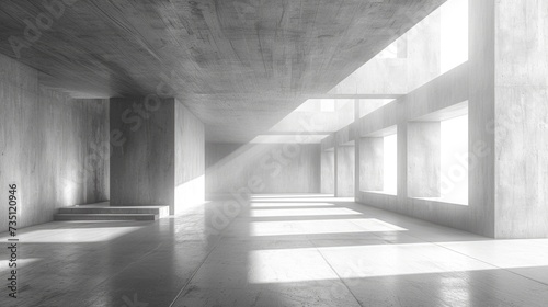 The stark, monochrome interior of a symmetrical building is bathed in natural light streaming through the windows, casting intriguing shadows and creating a sense of serenity