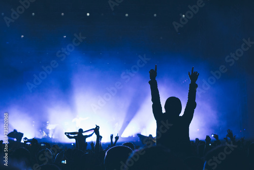 A crowd of people with raised arms during a music concert with an amazing light show. Black silhouettes.
