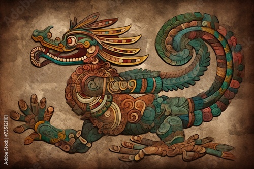 depiction of quetzalcoatl, a deity in mayan and mesoamerican traditions portrayed as a feathered serpent. Generative AI photo