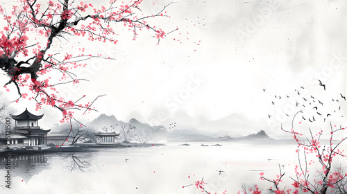 Chinese traditional landscpae with old paper texture featuring plum blossom