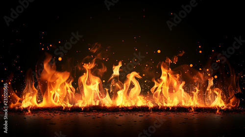 A dynamic photograph capturing a blazing fire with intense orange and yellow flames.