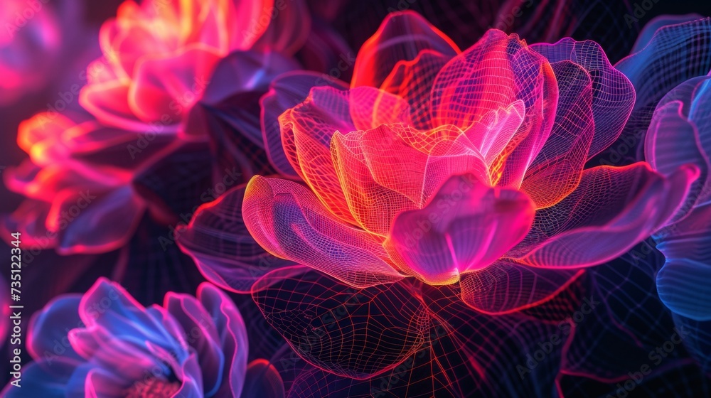Vivid Digital Flowers Blooming in an Abstract Neon Light Display
