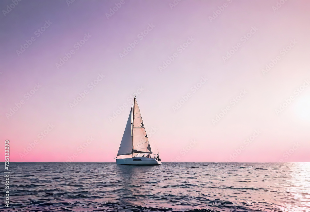 Sailboat in a calm sea during a bright sunset with pink clouds, vacation on a yacht in the ocean or on the islands, tourism and recreation,