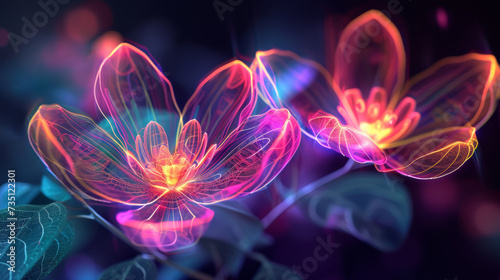 Vibrant Neon-Colored Digital Flowers Illuminated Against a Dark Background