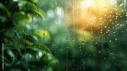Raindrops Streaming Down Window Overlooking Lush Garden