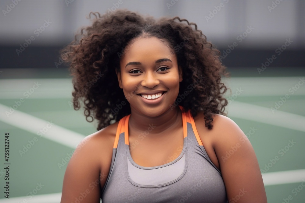 Beautiful fat bodypositive woman. A smiling woman in a sports top on the background of the stadium Beautiful fat bodypositive woman. A smiling woman in a sports top on the background of the stadium