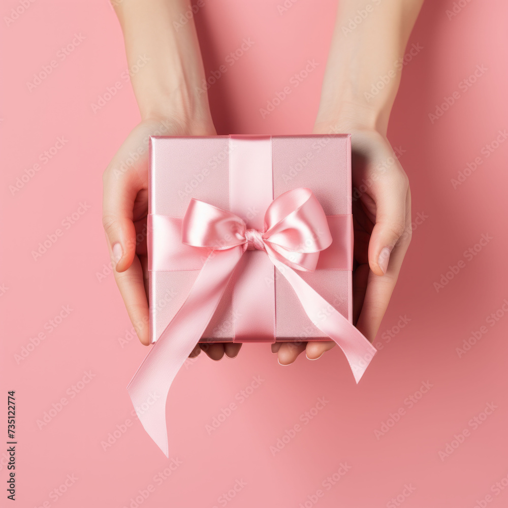 Female hand holding a gift box with a pink ribbon. Congrats on the holiday. Female hand holding a gift box with a pink ribbon. Congrats on the holiday.