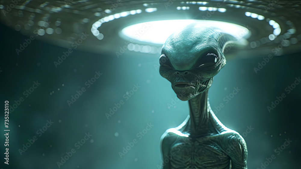 Portrait of Alien stand under the spotlight of a flying saucer - obrazy, fototapety, plakaty 