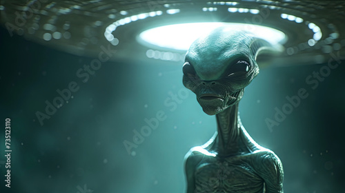 Portrait of Alien stand under the spotlight of a flying saucer
