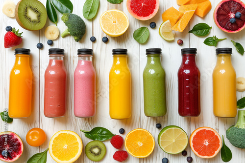 Healthy lifestyle background with various colorful smoothie and juice. Detox and diet food concept