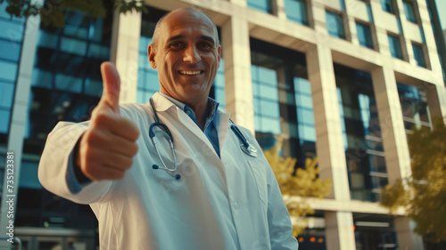 Positive doctor showing thumbs up. © SashaMagic