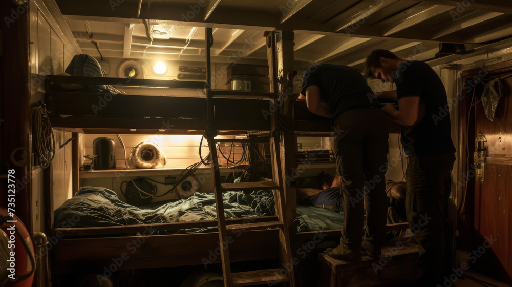 As the ships crew rests for the night the carpenter stays up late repairing a broken wooden bunk bed for a new recruit.