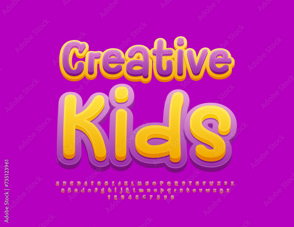Vector playful logo Creative Kids. Funny Bright Font. Childish set of Alphabet Letters and Numbers.