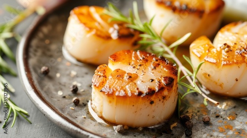 Fine cuisine, seafood delicacies. Beautifully grilled scallops in a sizzling frying pan, garnished with fresh herbs and lemon slices.