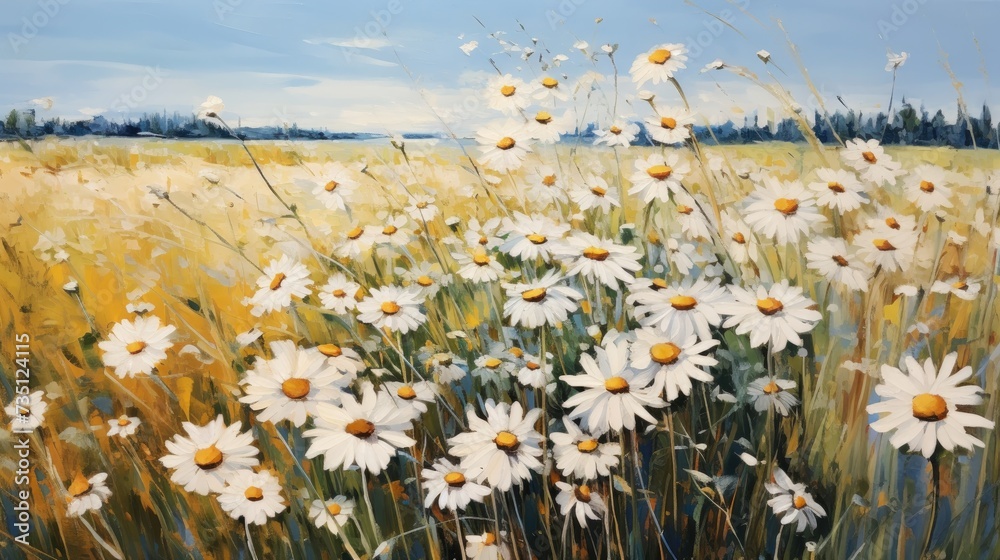 Chamomile on a background of green grass.A white flower. A sunny, bright day.