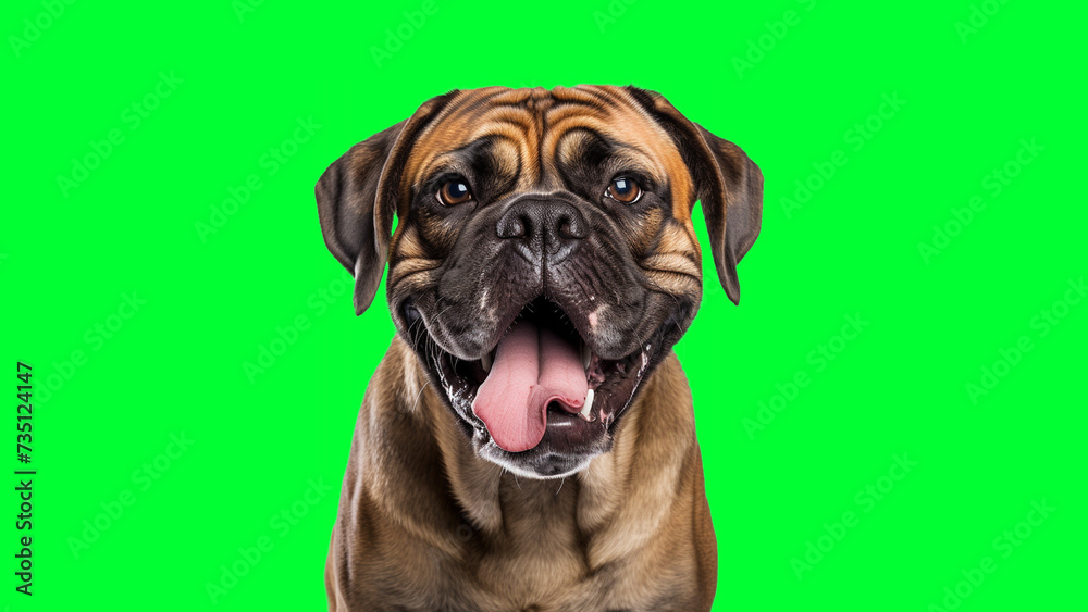 Portrait photo of smiling Bullmastiff on green background