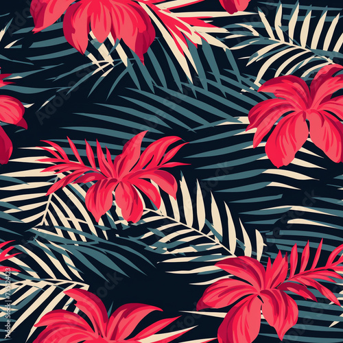 Red tropical flowers and palm leaves background tile