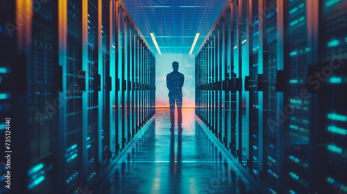 A futuristic person standing in the middle of a modern data centers long hallway.