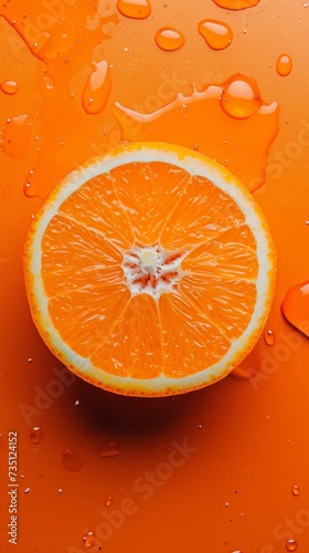 Freshly Cut Orange Half on a Vibrant Orange Background With Water Droplets