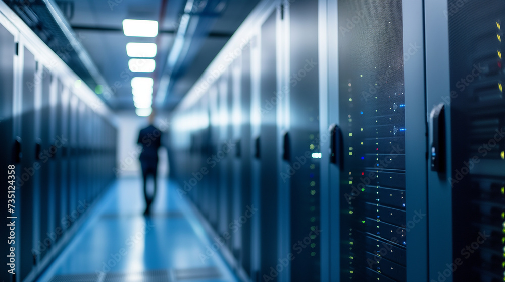A modern data center hallway with neon lights showcases a person in a futuristic setting. A modern data center hallway with neon lights showcases a person in a futuristic setting.