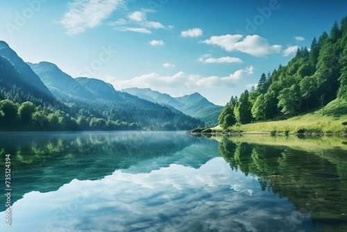 Scenic morning lake surrounded by mountains and nature. Serene shoreline and stunning scenery. Generative AI