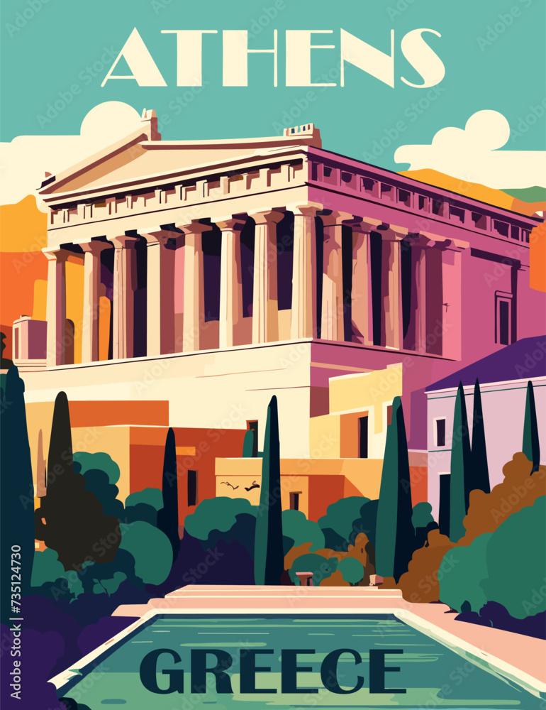 Obraz premium Athens, Greece Travel Destination Poster in retro style. Landscape with acropolis print. Europe summer vacation, tourism, holidays concept. Vintage vector colorful illustration.