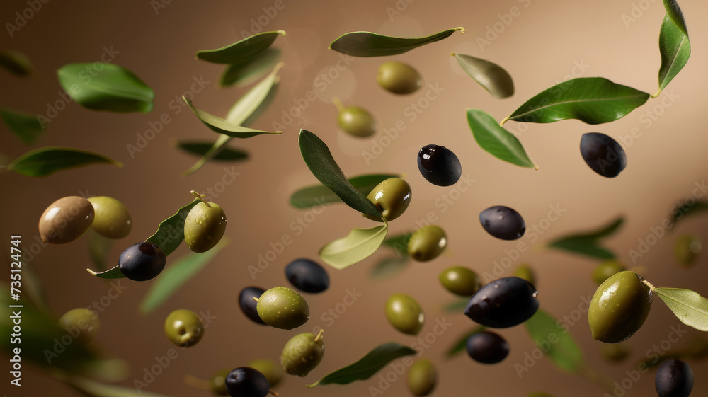 Dynamic shot of olives as they fall.